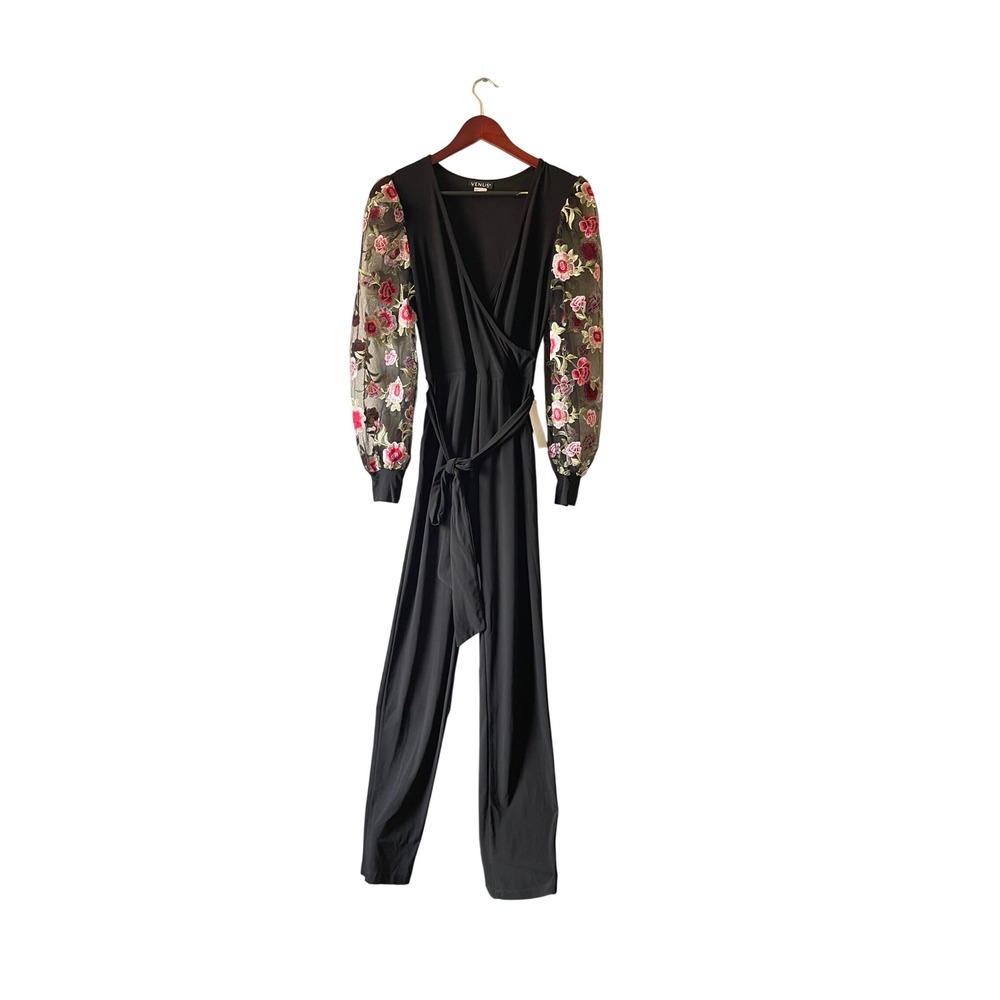 NWT y2k Venus Black Wrap Jumpsuit Floral Embroidered Mesh Balloon Sleeves Small